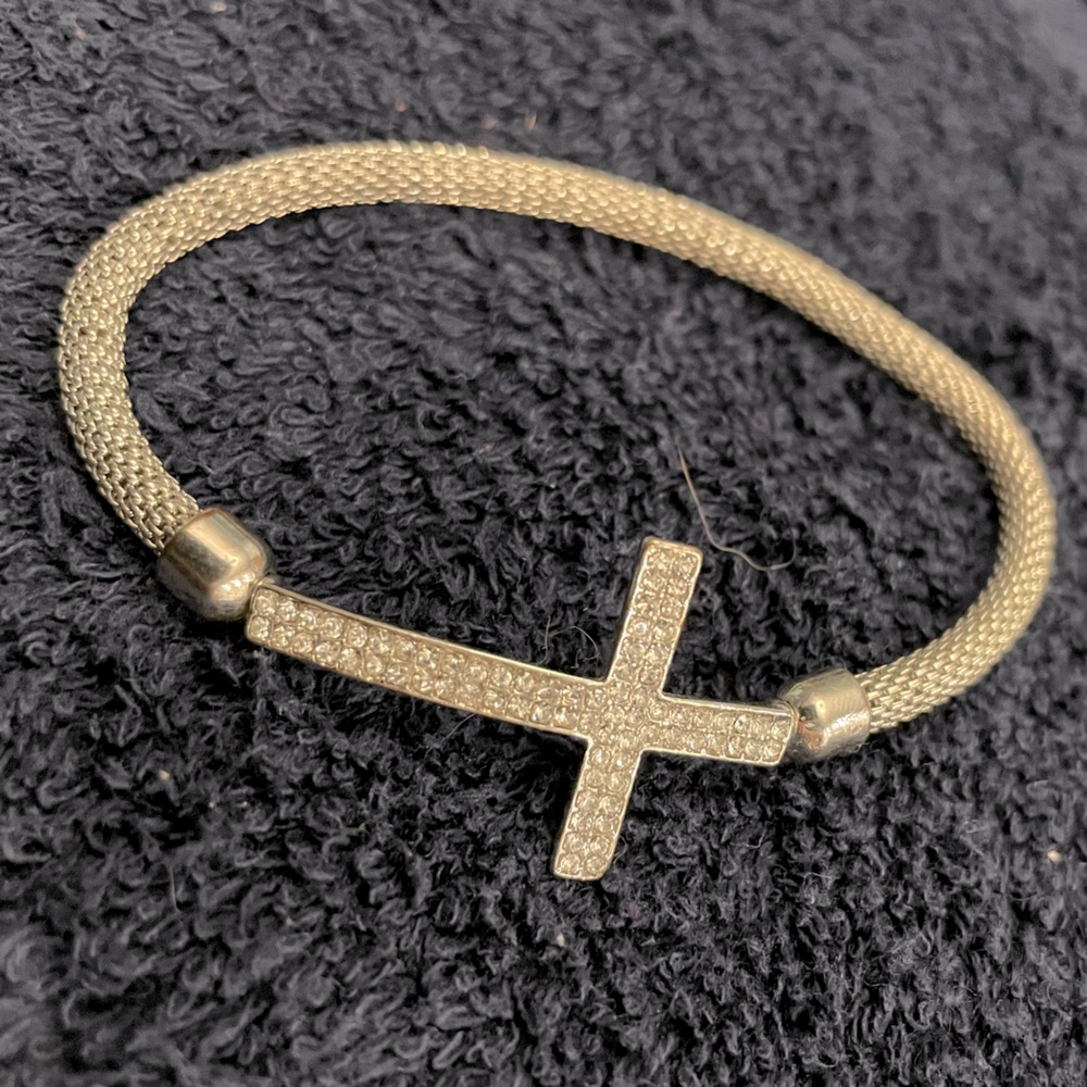 Silver and rhinestone cross bracelet